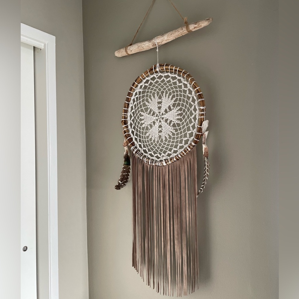 Dream catcher approx. 3 feet in length. Bohemian style. taupe color.